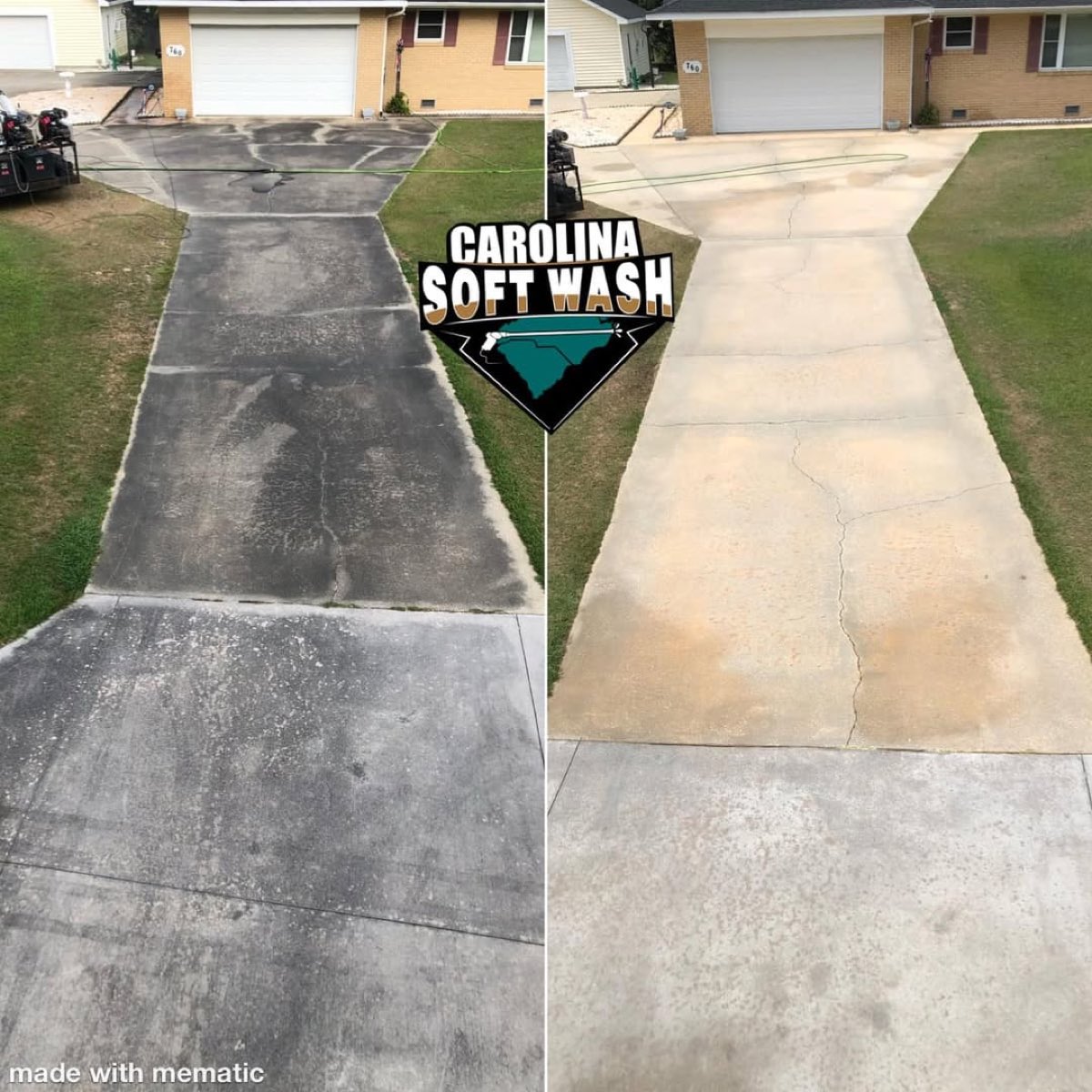 Before and after of a soft-washed concrete driveway