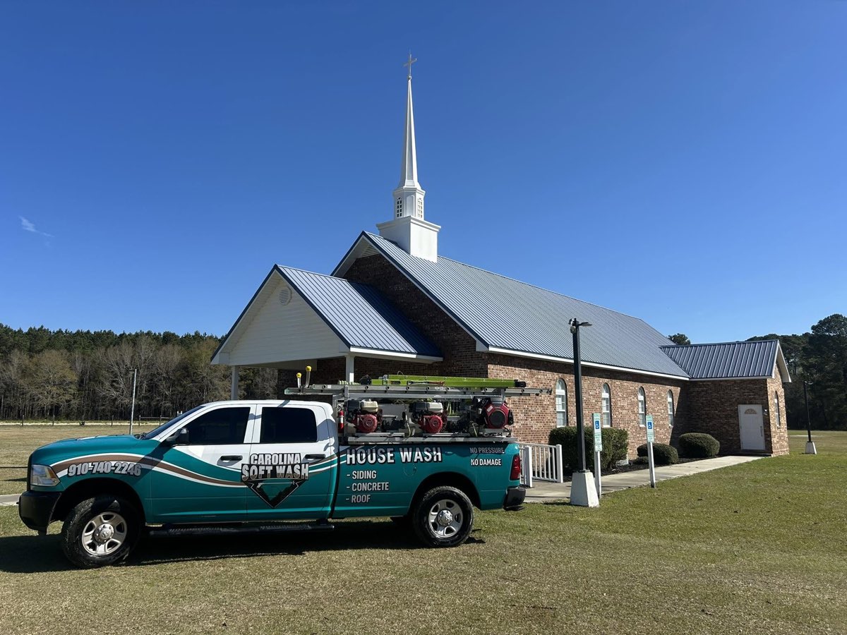 Carolina Soft Wash truck at a church after an exterior wash